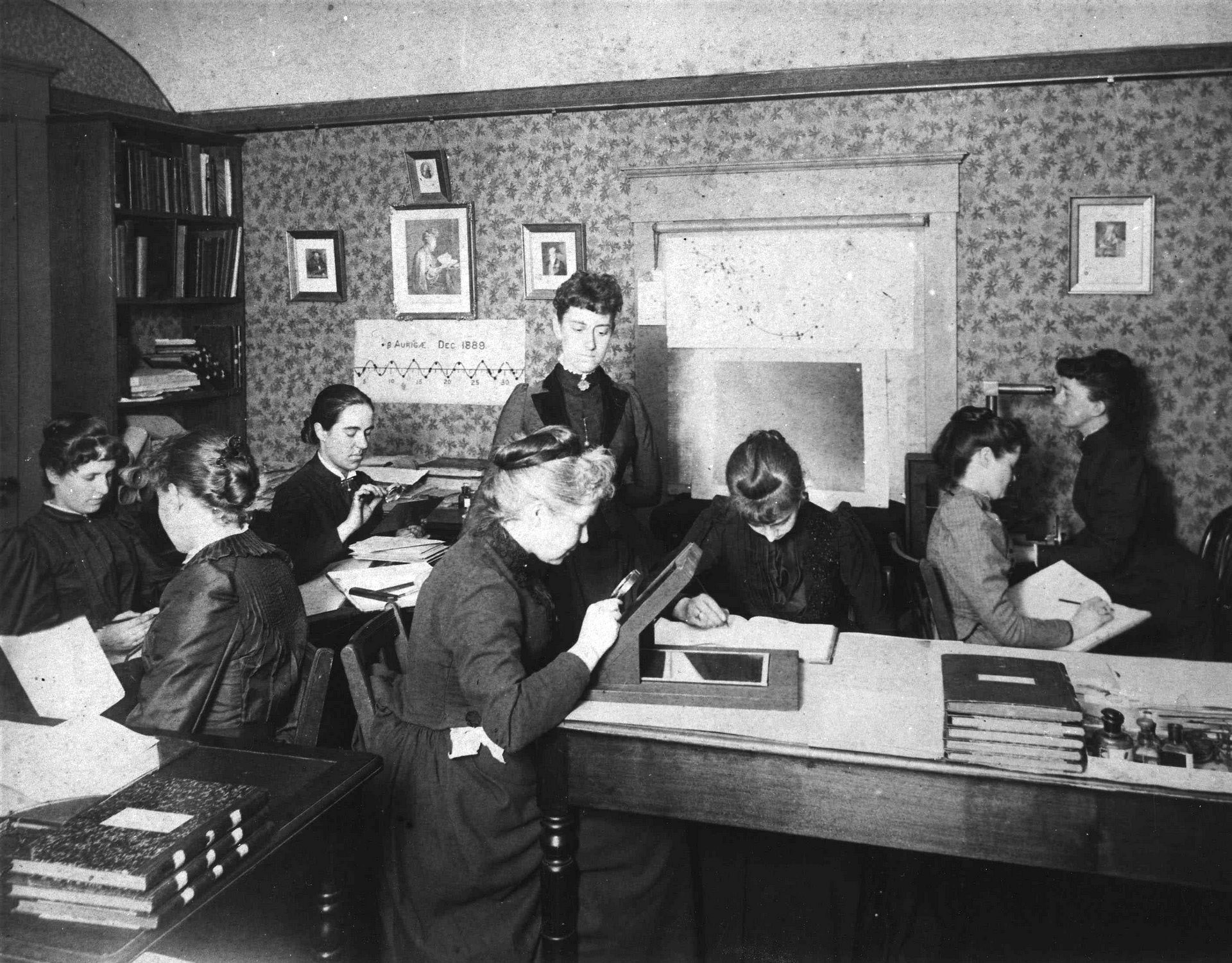 The Harvard Computers — women astronomers at the Harvard College Observatory, including Henrietta Swan Leavitt, working at desks classifying stars from photographic plates, c. 1913