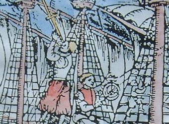 1547 woodcut of sailors on deck sighting a star with a cross-staff while another holds an astrolabe