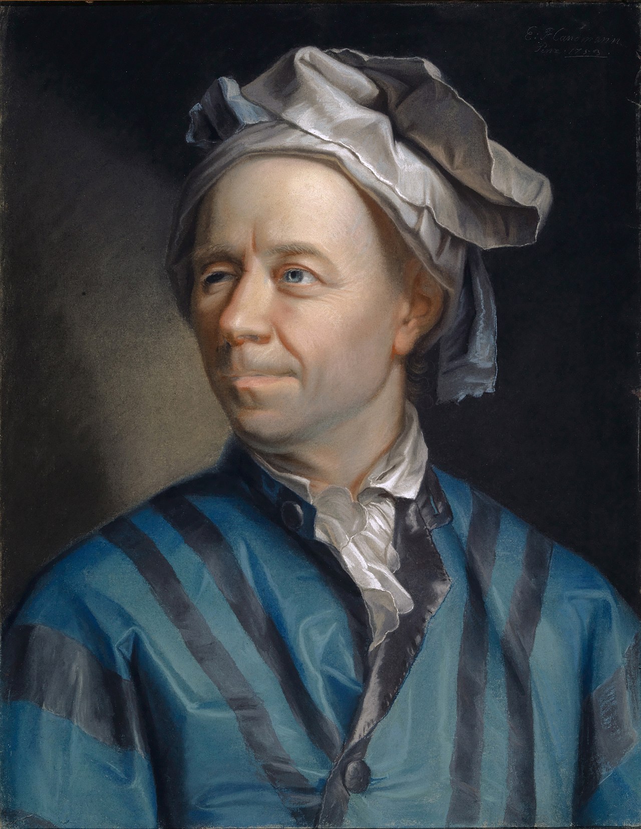 1753 pastel portrait of the Swiss mathematician Leonhard Euler by Jakob Emanuel Handmann, showing Euler in a brown coat and dark cap against a neutral background