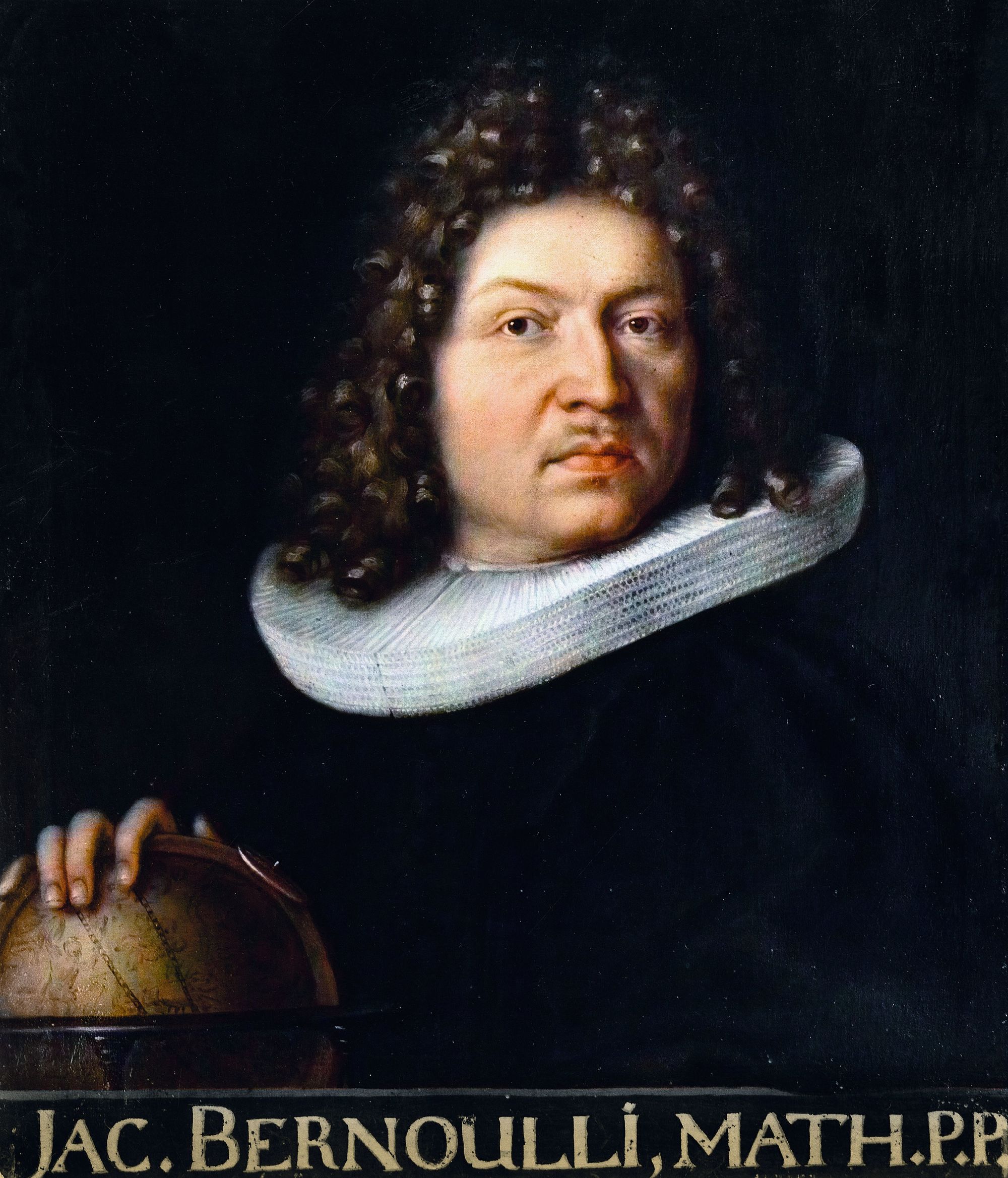1687 oil portrait of the Swiss mathematician Jacob Bernoulli by his brother Niklaus Bernoulli, showing Jacob in dark scholarly robes against a muted background