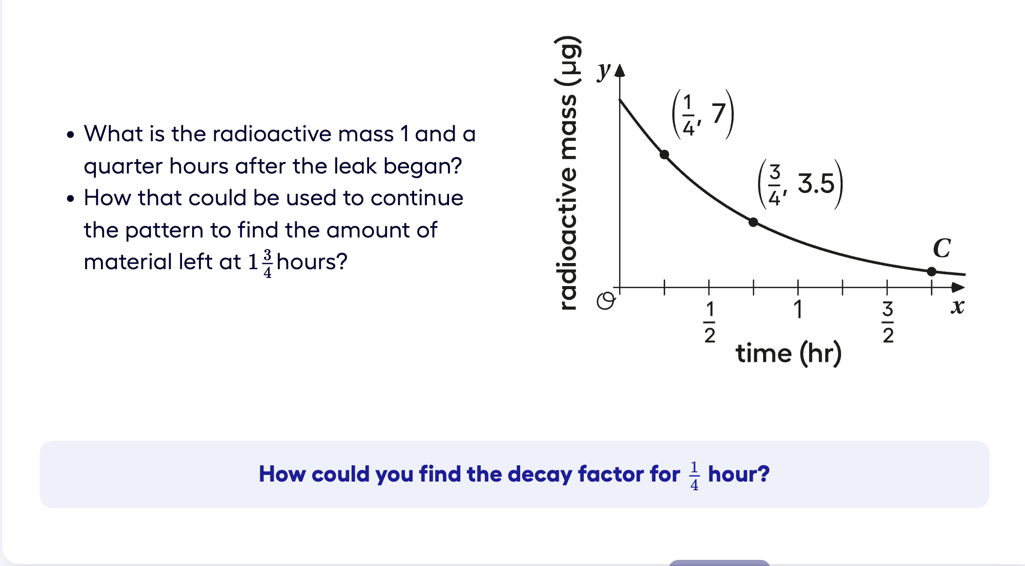 What is the radioactive mass 1¼ hours after the leak began? How could you find the decay factor for ¼ hour?