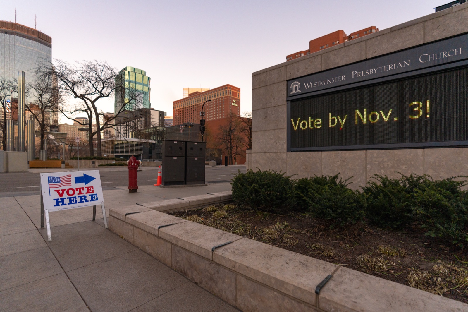 A &lsquo;Vote Here&rsquo; sign outside a polling place at Westminster Presbyterian Church in downtown Minneapolis on November 3, 2020.