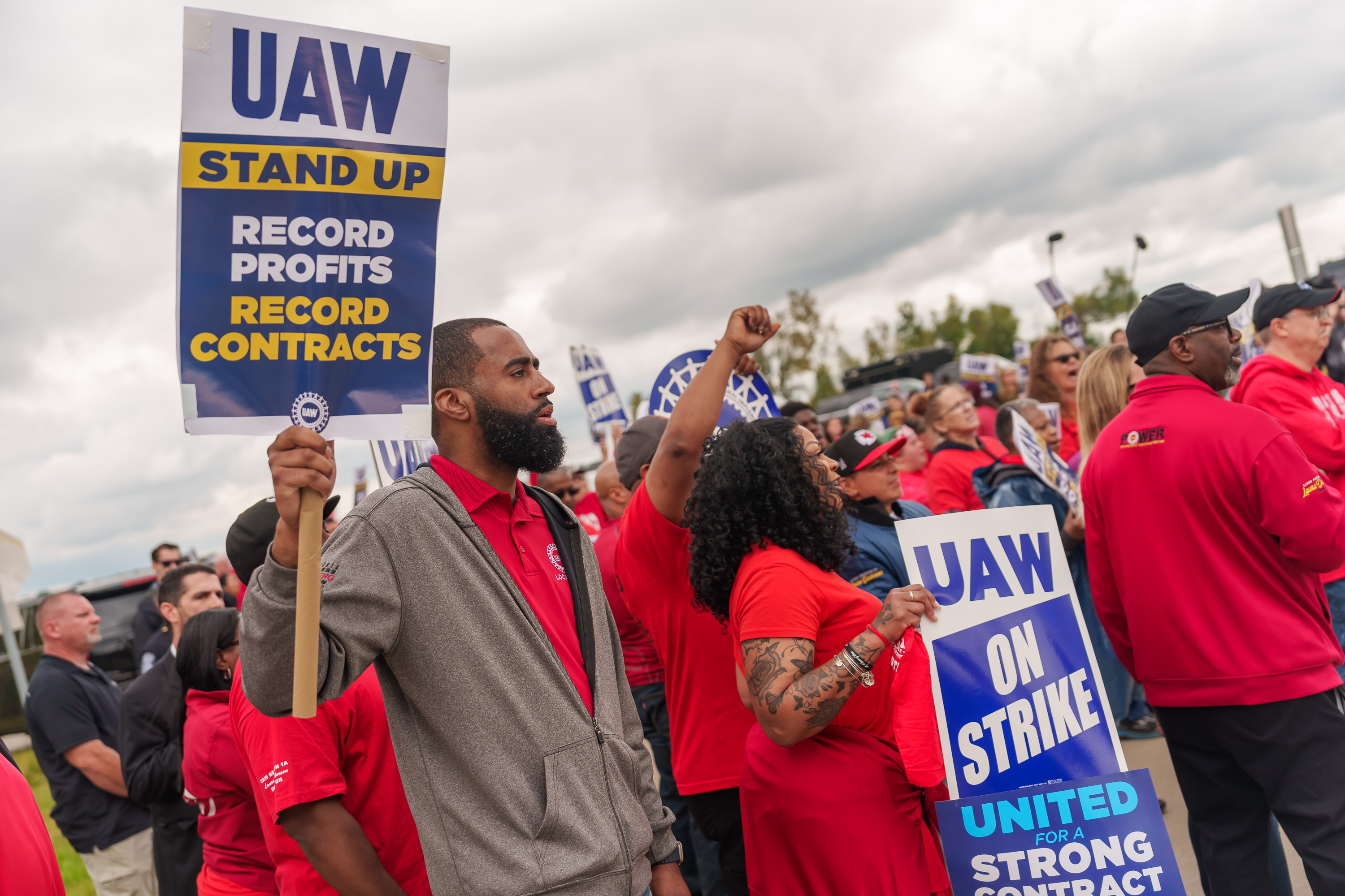 President Joe Biden walks the UAW picket line at the GM Willow Run Distribution Center in Belleville, Michigan during the 2023 United Auto Workers strike.