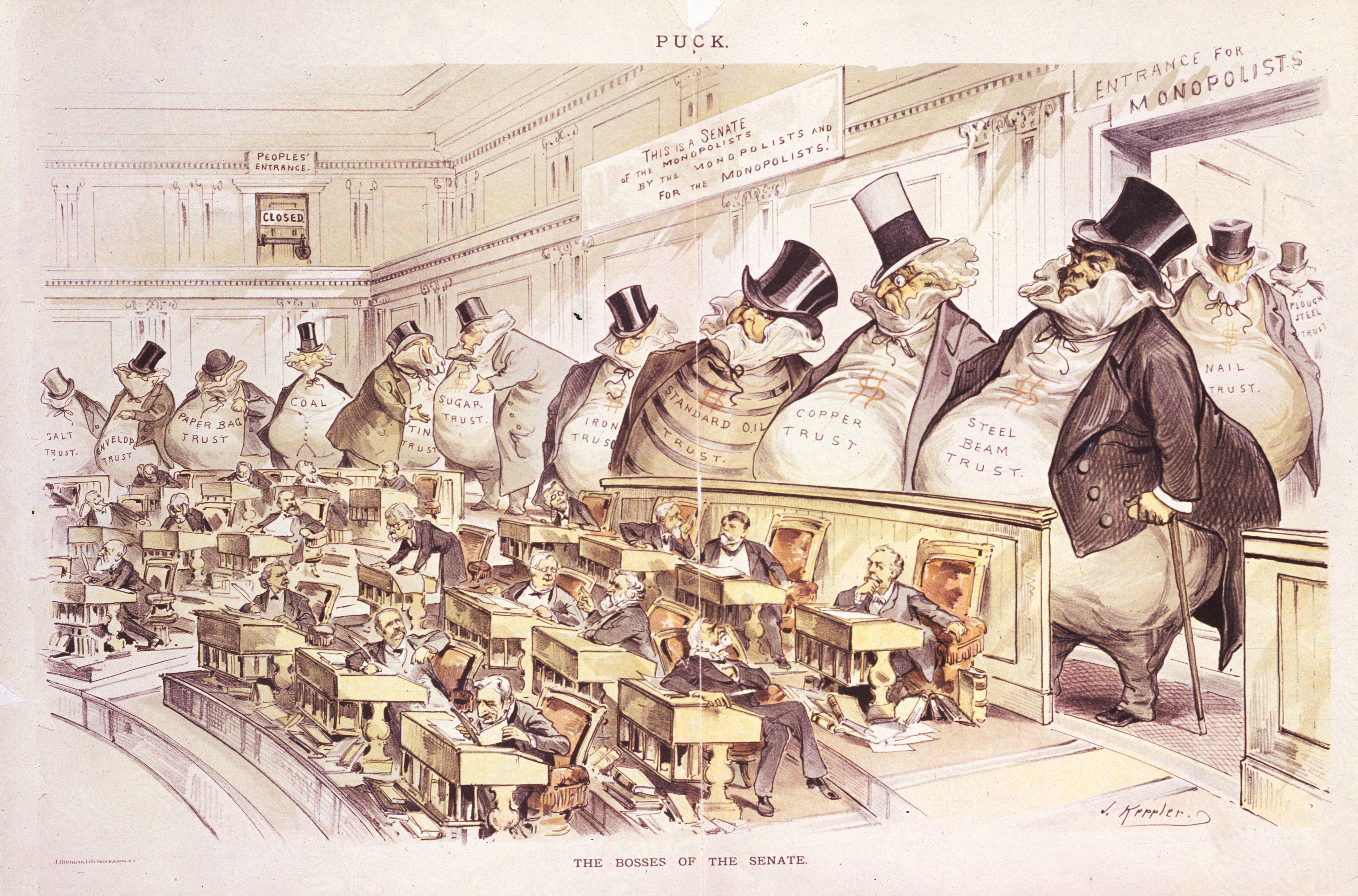 The Bosses of the Senate (Joseph Keppler, 1889) — political cartoon depicting industry trusts as giant moneybag figures looming over much smaller U.S. senators.